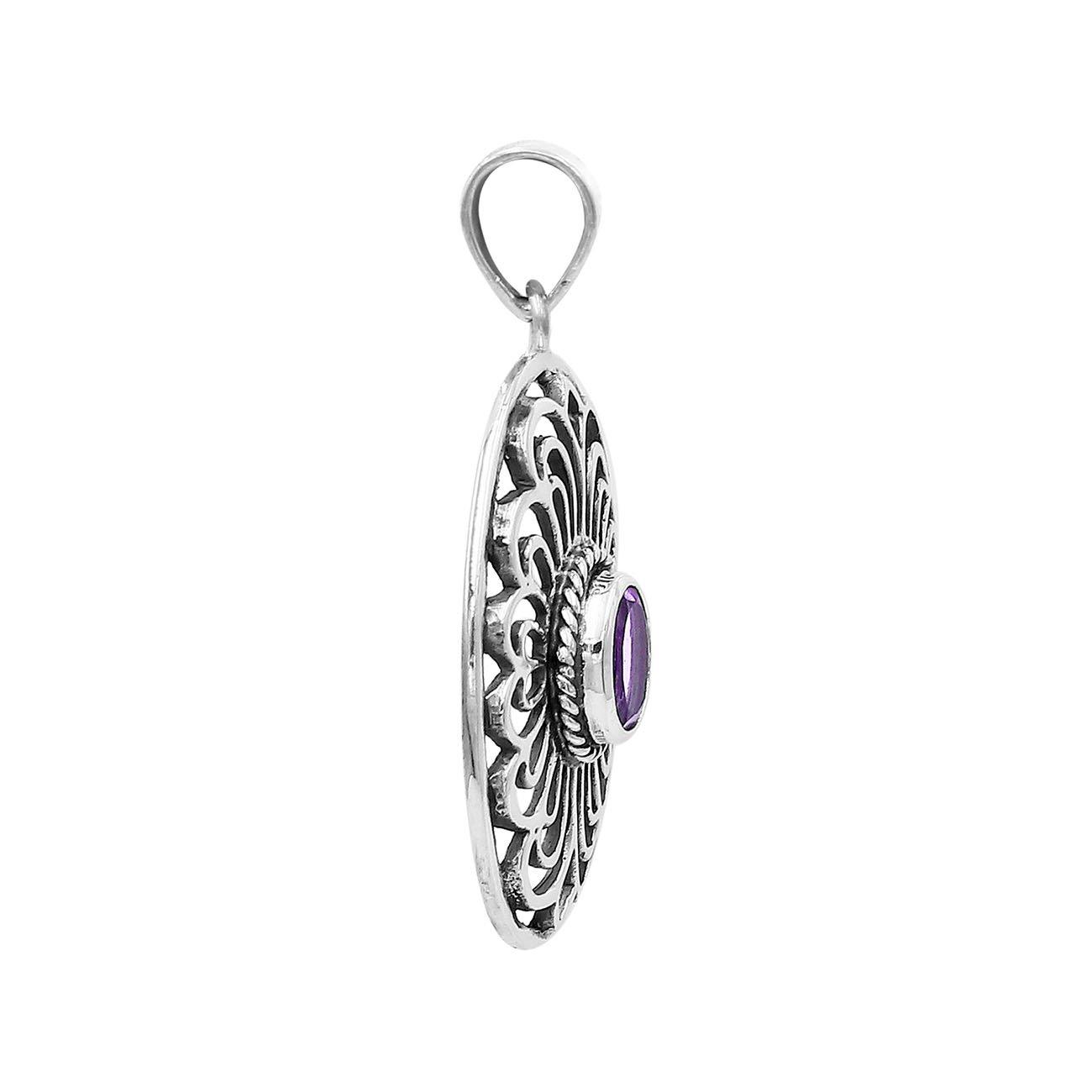 AP-6306-AM Sterling Silver Oval Shape Pendant With Amethyst Jewelry Bali Designs Inc 