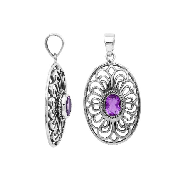 AP-6306-AM Sterling Silver Oval Shape Pendant With Amethyst Jewelry Bali Designs Inc 