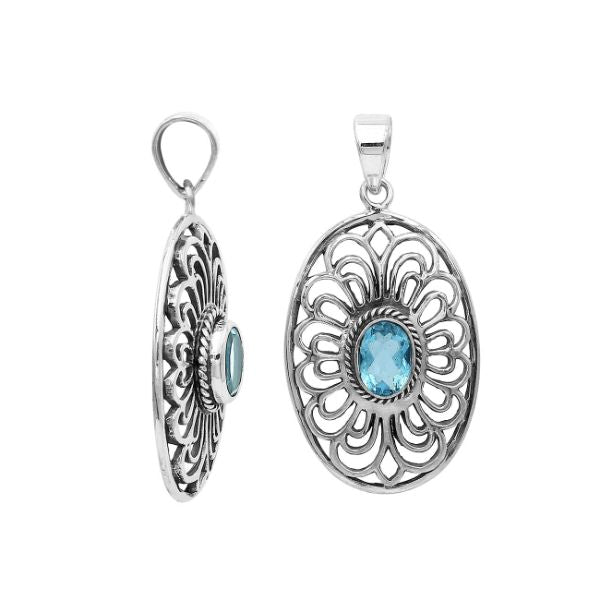 AP-6306-BT Sterling Silver Oval Shape Pendant With Blue Topaz Jewelry Bali Designs Inc 