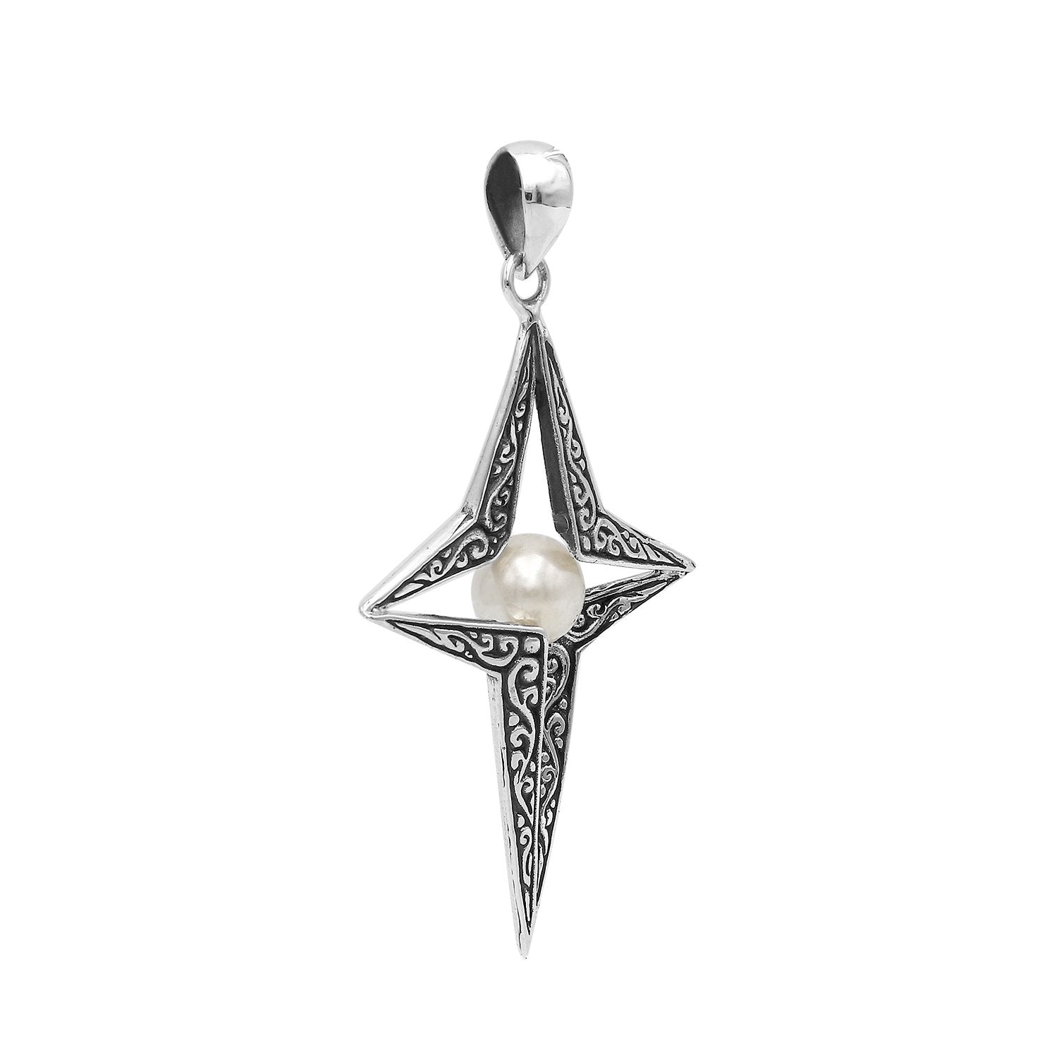 AP-6309-PEW Sterling Silver Delightful charming Star Shape Pendant With Pearl Jewelry Bali Designs Inc 