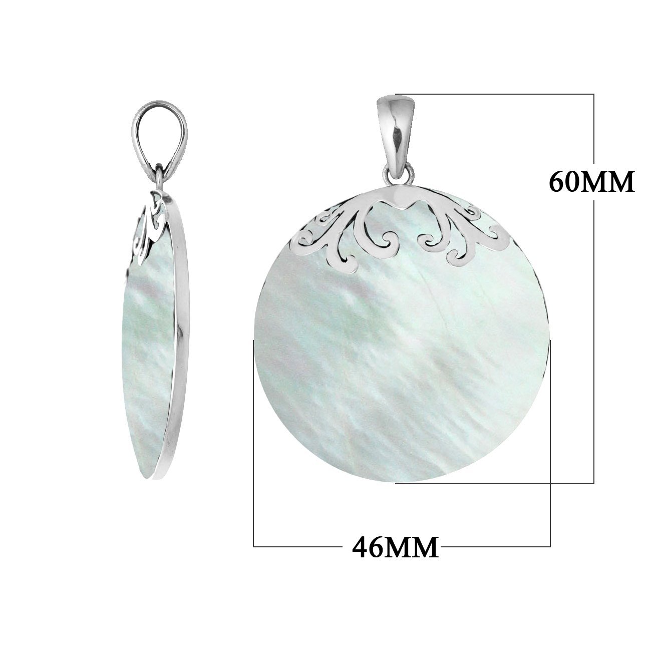 AP-7033-MOP Sterling Silver Designer Pendant With Round Mother Of Pearl Jewelry Bali Designs Inc 