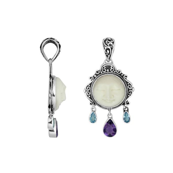 AP-8012-CO1 Sterling Silver Pendant With Bone Face&Amethyst, Blue Topaz Jewelry Bali Designs Inc 
