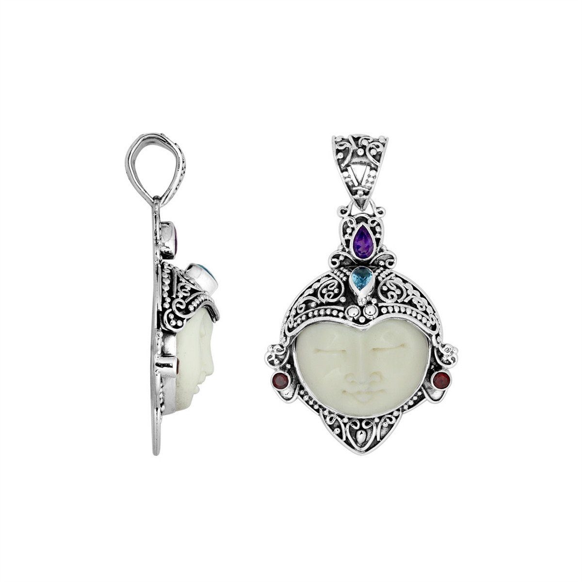 AP-8014-CO1 Sterling Silver Pendant With Bone Face&Garnet, Blue Topaz, Amethyst Jewelry Bali Designs Inc 
