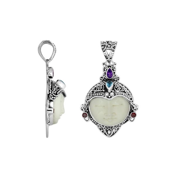 AP-8014-CO1 Sterling Silver Pendant With Bone Face&Garnet, Blue Topaz, Amethyst Jewelry Bali Designs Inc 