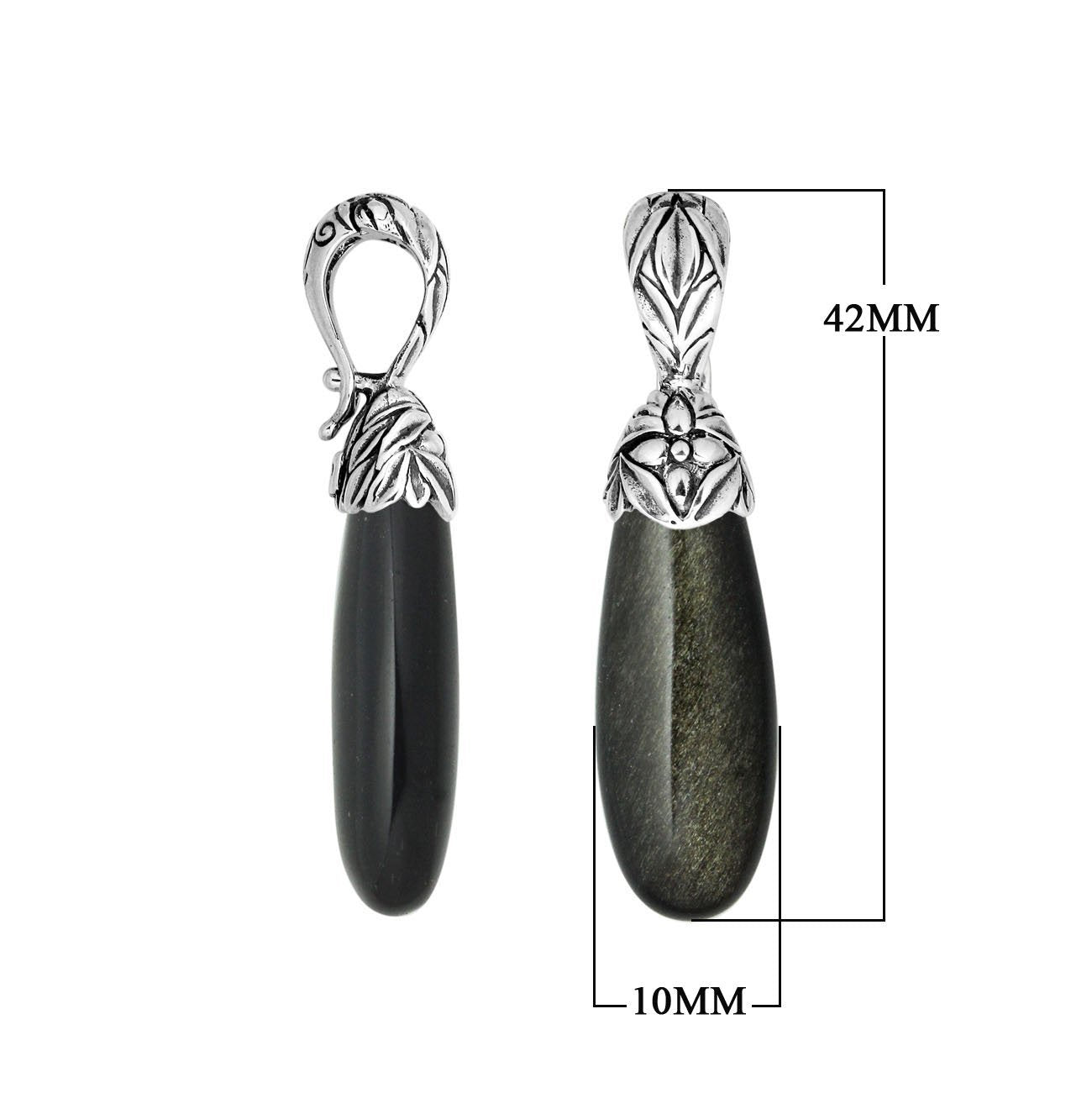 AP-8015-BO Sterling Silver Fancy Pendant With Black Obsidian & Enhancer Pendant Bail Jewelry Bali Designs Inc 