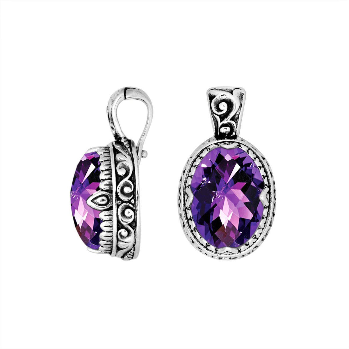 AP-8033-AM Sterling Silver Oval Shape Pendant With Amethyst Q. & Enhancer Pendant Bail Jewelry Bali Designs Inc 