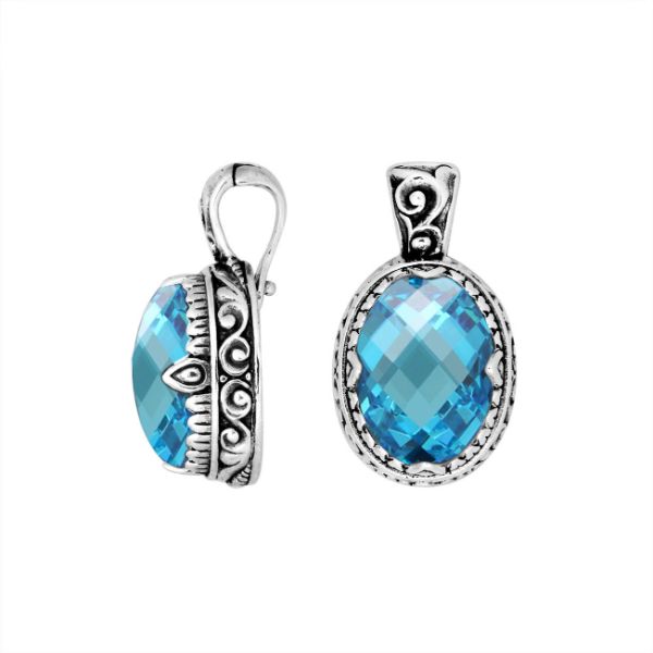 AP-8033-BT Sterling Silver Oval Shape Pendant With Blue Topaz Q. & Enhancer Pendant Bail Jewelry Bali Designs Inc 