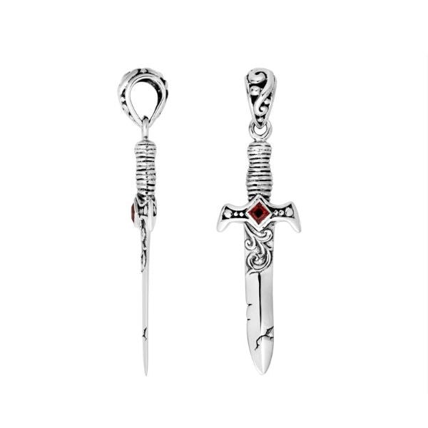 AP-9016-GA Sterling Silver Beautiful Sword Shape Pendant With Garnet Jewelry Bali Designs Inc 