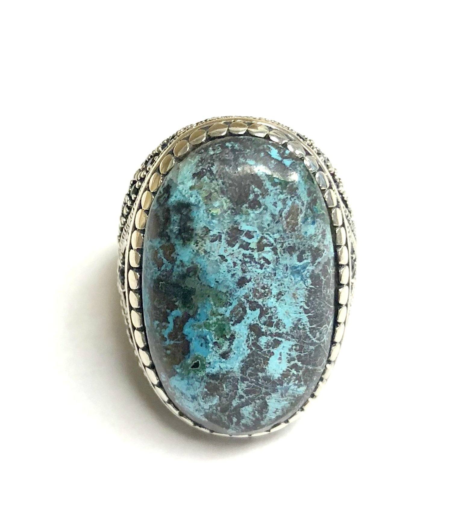 AR-1071-CHRY.B-8" Sterling Silver Ring With Chrysocolla and Black CZ Jewelry Bali Designs Inc 