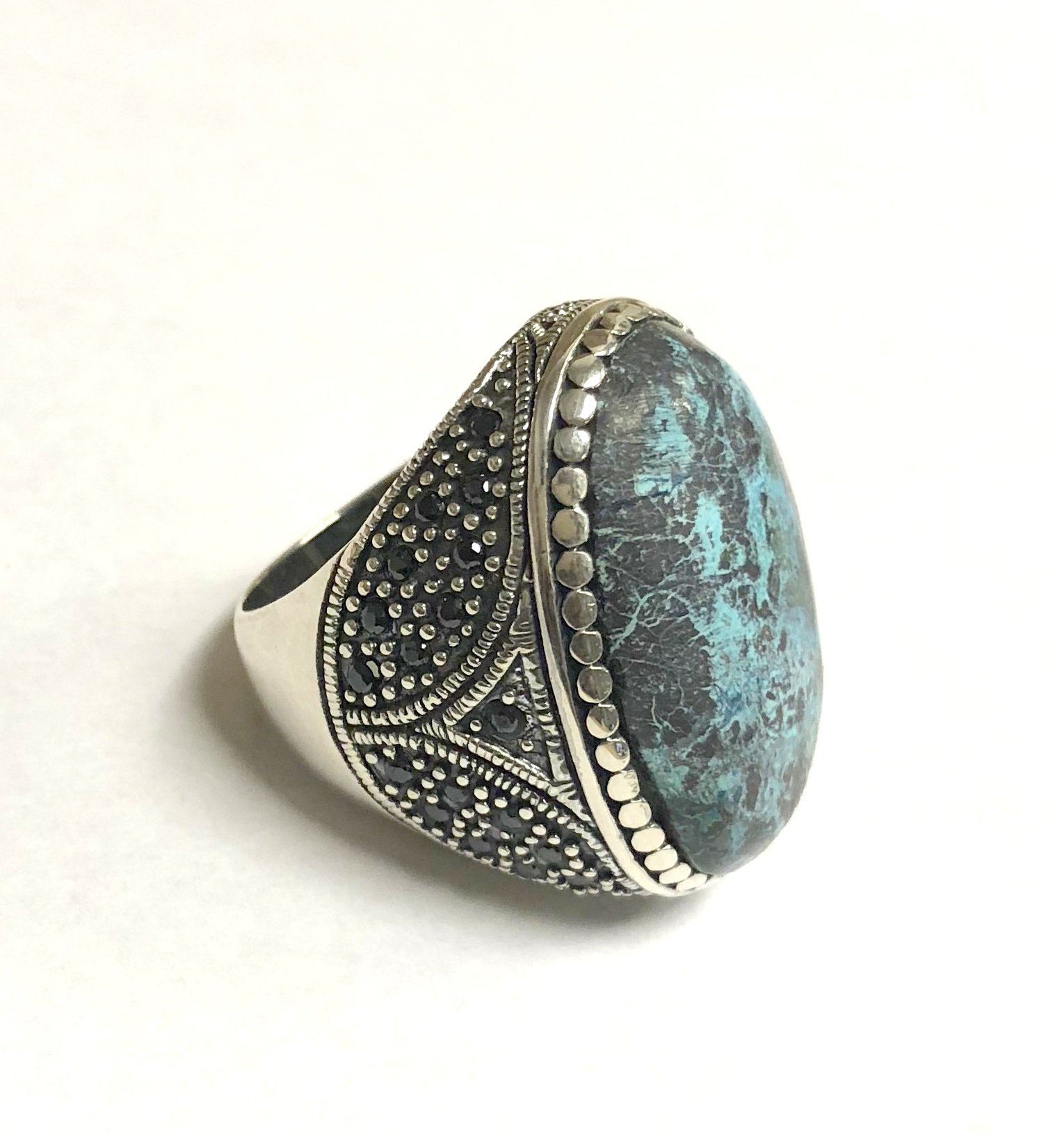 AR-1071-CHRY.B-8" Sterling Silver Ring With Chrysocolla and Black CZ Jewelry Bali Designs Inc 