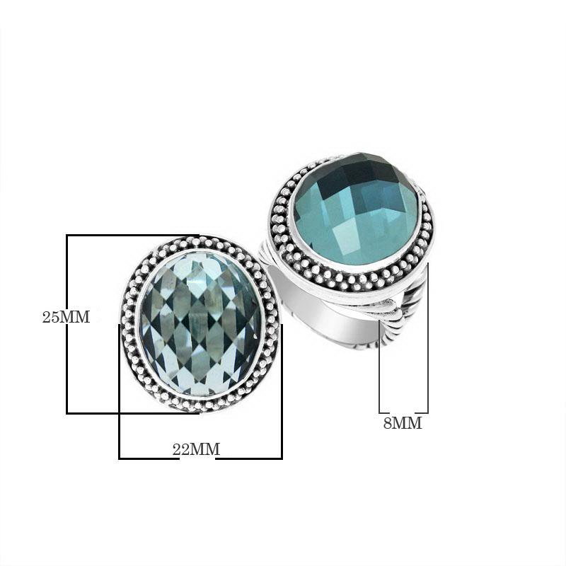 Sterling silver oval Blue Topaz Quartz ring with sparkling faceted quartz and artisan beaded detailing, handcrafted statement jewelry for women.