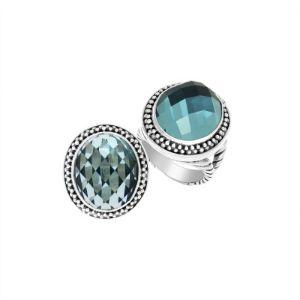Sterling silver oval Blue Topaz Quartz ring with sparkling faceted quartz and artisan beaded detailing, handcrafted statement jewelry for women.