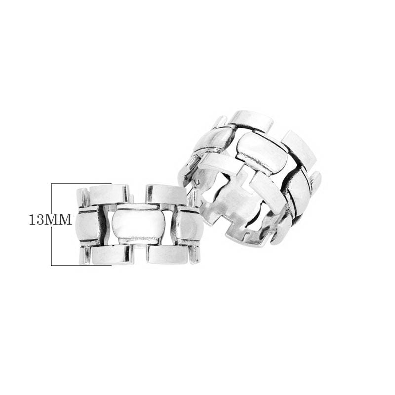 Sterling silver geometric link band ring with a bold modern design, polished finish, and unisex style, handcrafted for everyday wear or gifting.