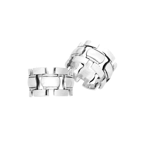 Sterling silver geometric link band ring with a bold modern design, polished finish, and unisex style, handcrafted for everyday wear or gifting.