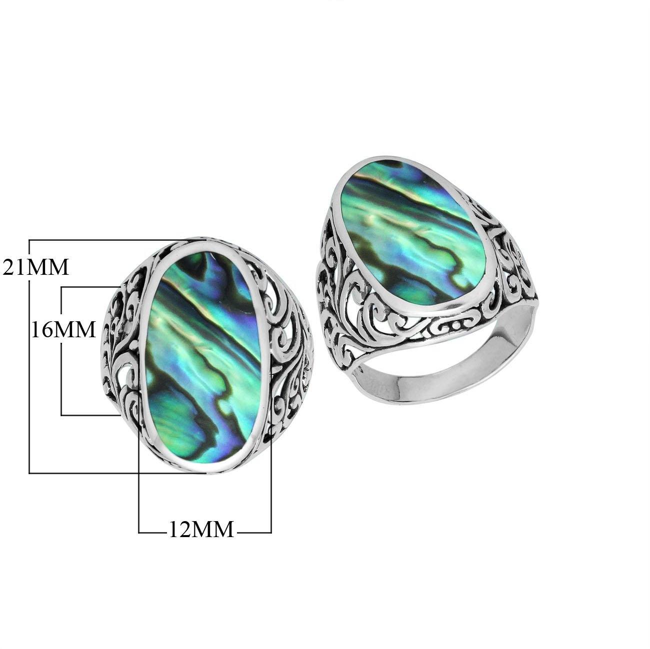 Sterling silver oval Abalone Shell ring with iridescent Shell and intricate Bali filigree design, handcrafted artisan statement jewelry for women.