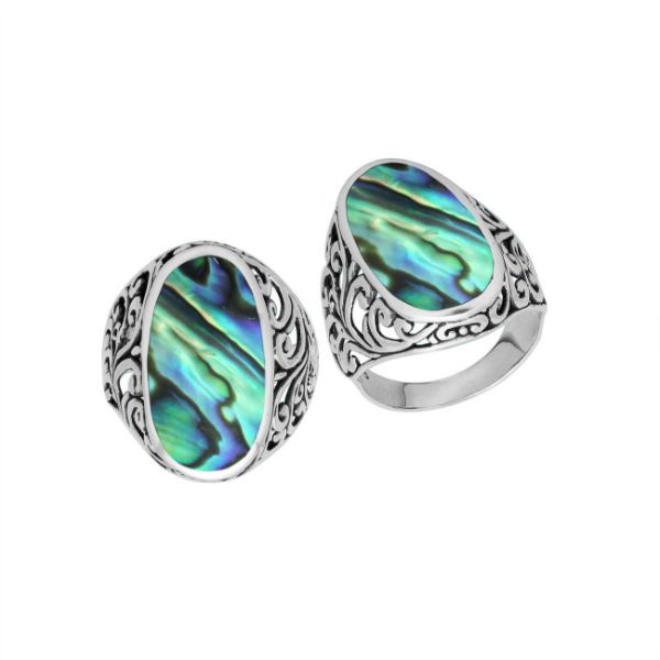 Sterling silver oval Abalone Shell ring with iridescent Shell and intricate Bali filigree design, handcrafted artisan statement jewelry for women.