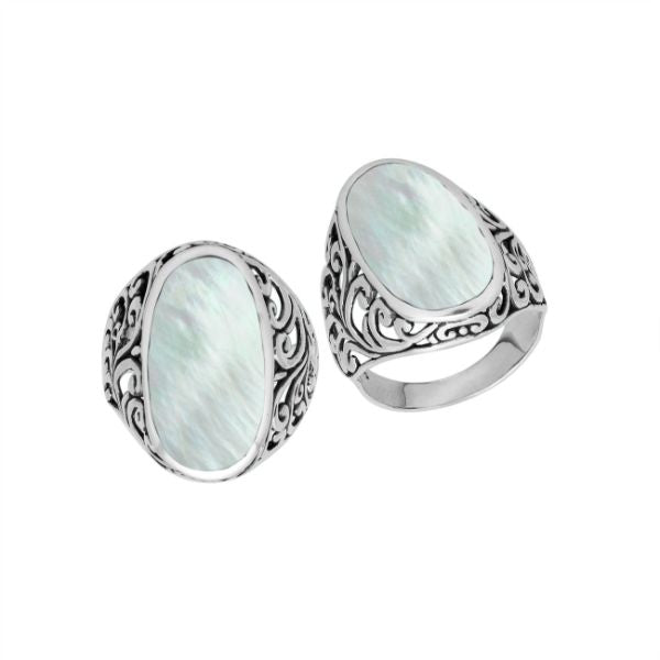 Sterling silver oval Mother of Pearl Shell ring with intricate Bali filigree detailing and oxidized finish, handcrafted artisan statement jewelry for women.