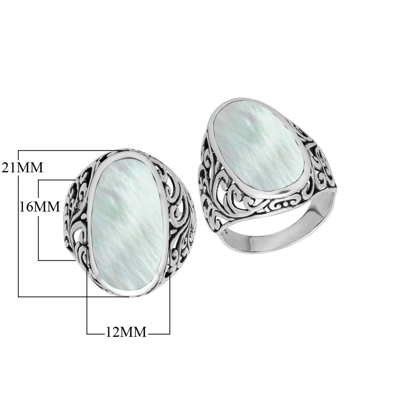Sterling silver oval Mother of Pearl Shell ring with intricate Bali filigree detailing and oxidized finish, handcrafted artisan statement jewelry for women.
