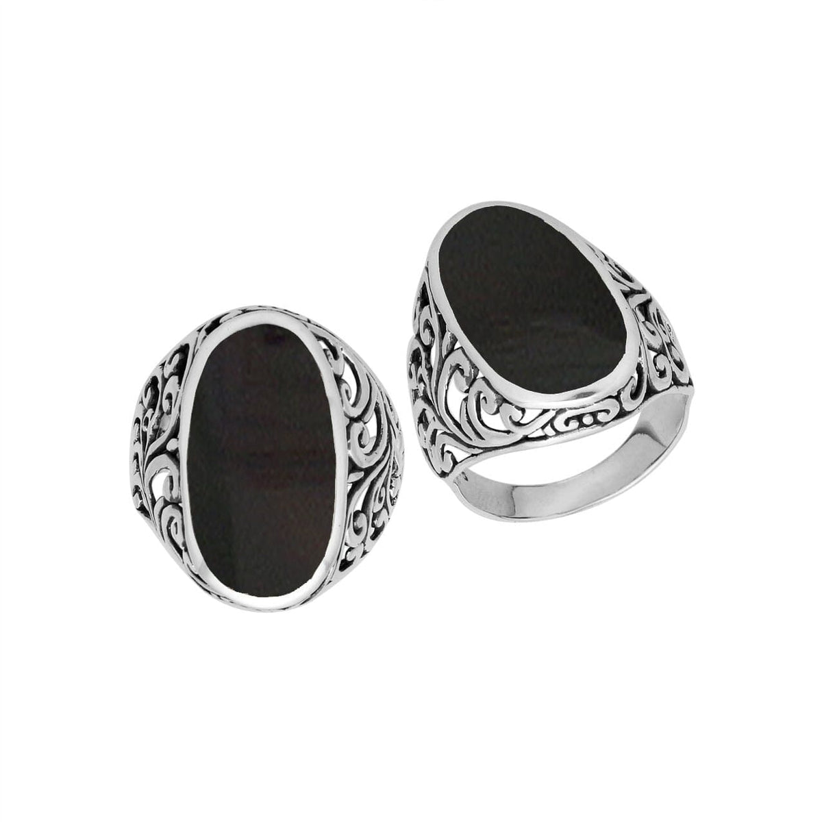 Sterling silver oval Black Onyx Shell ring with elegant Bali filigree detailing and oxidized finish, handcrafted artisan statement jewelry for women.