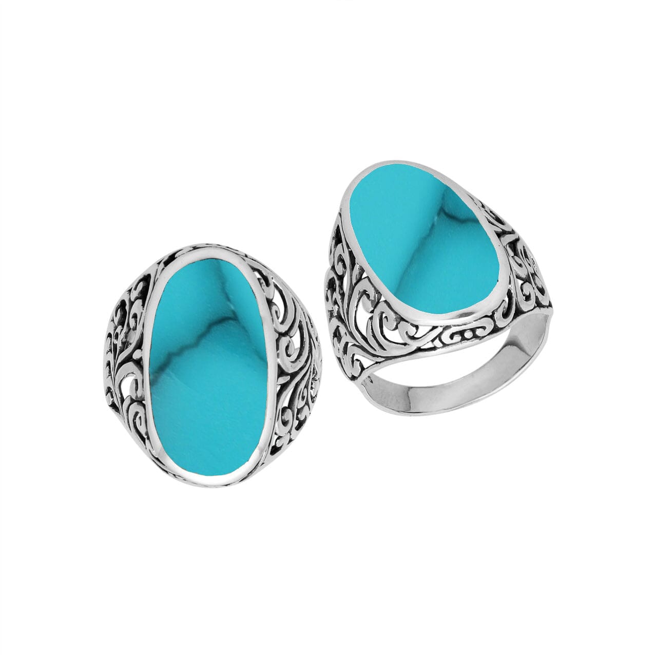 Sterling silver oval Turquoise Shell ring with intricate Bali filigree design and oxidized finish, handcrafted artisan statement jewelry for women.