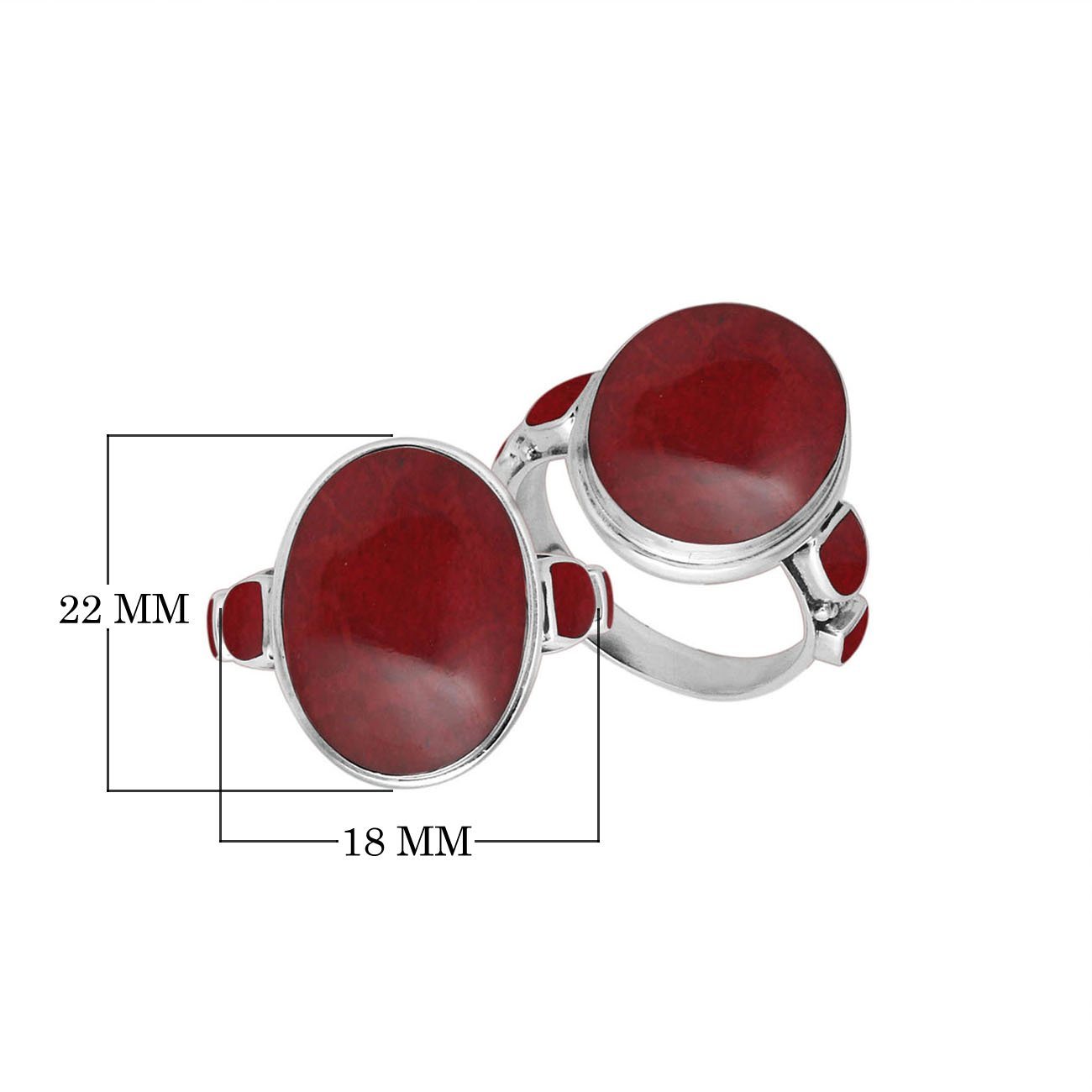 Sterling silver oval Red Coral ring with matching side inlays, handcrafted artisan statement jewelry with bold vibrant shell.