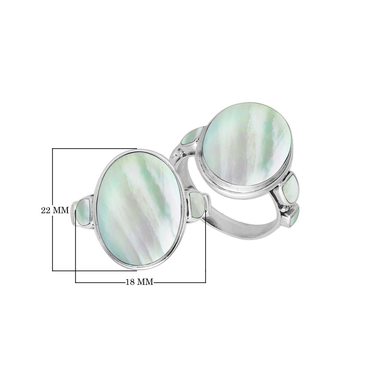 Sterling silver oval Mother of Pearl ring with matching side inlays, handcrafted artisan statement jewelry with elegant iridescent finish.