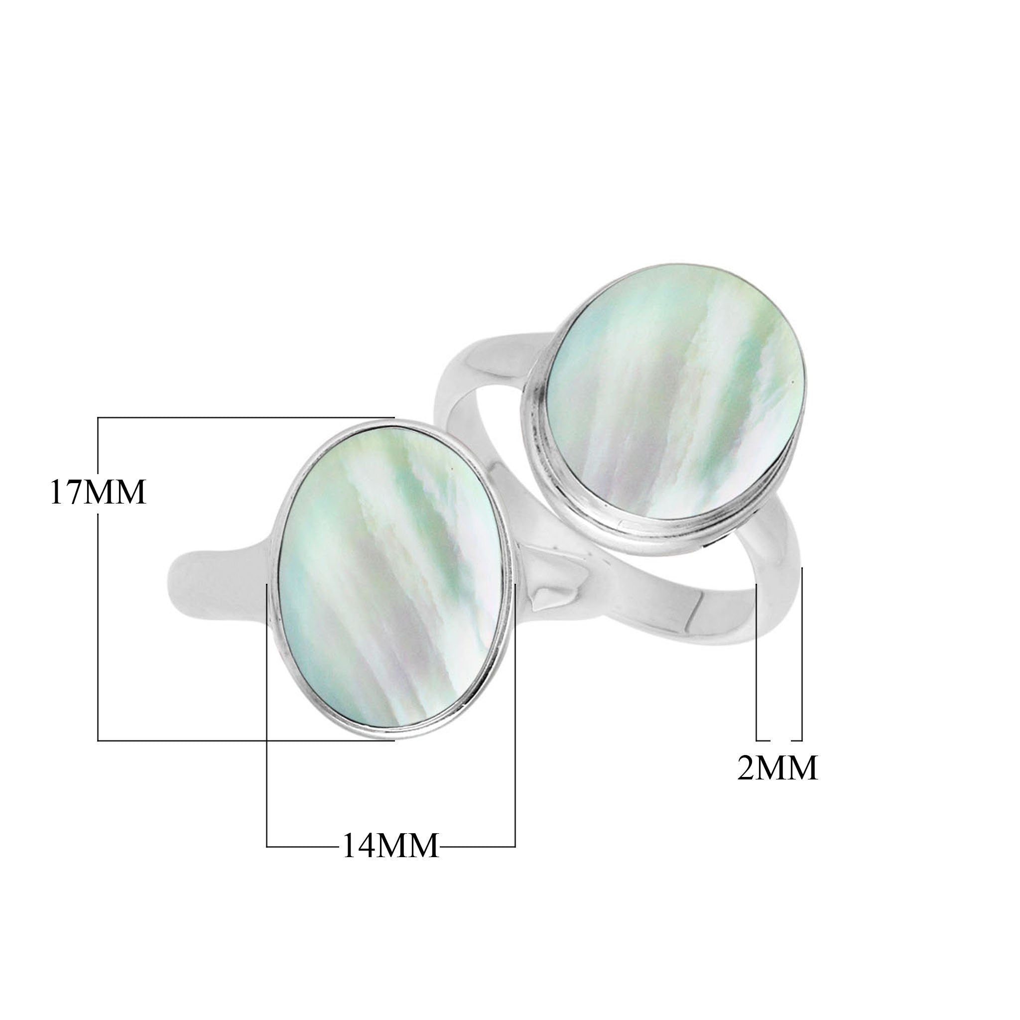 Sterling silver oval Mother of Pearl ring with polished bezel setting, handcrafted artisan statement jewelry with luminous iridescent shell.