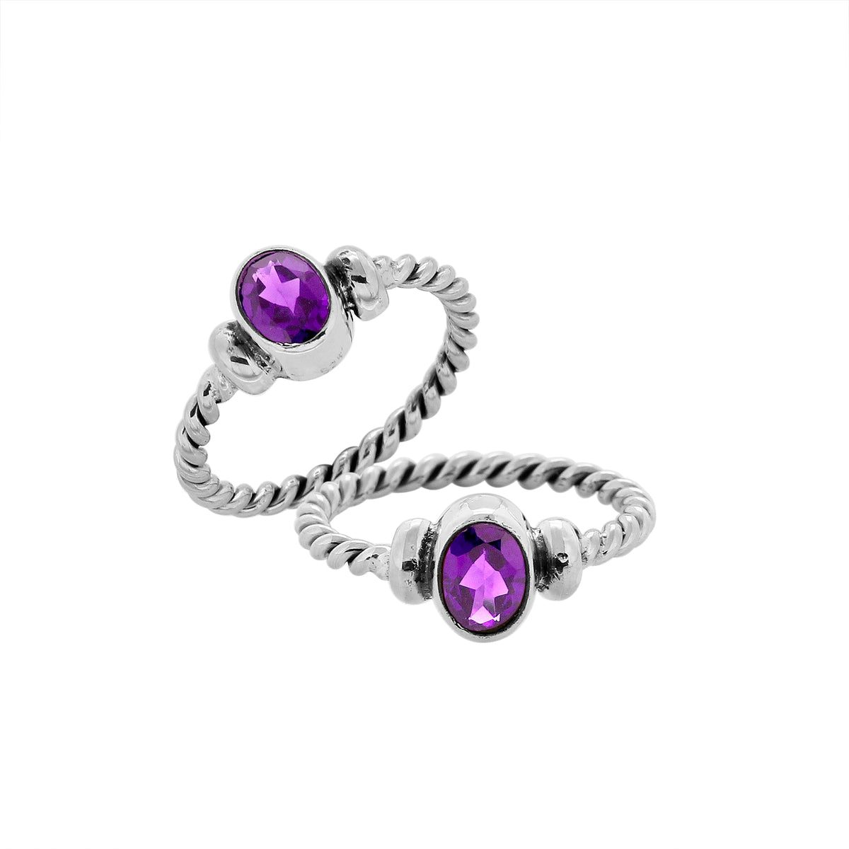 Sterling silver twisted band ring with oval faceted Amethyst Quartz, artisan handcrafted jewelry for women, elegant purple quartz accessory.