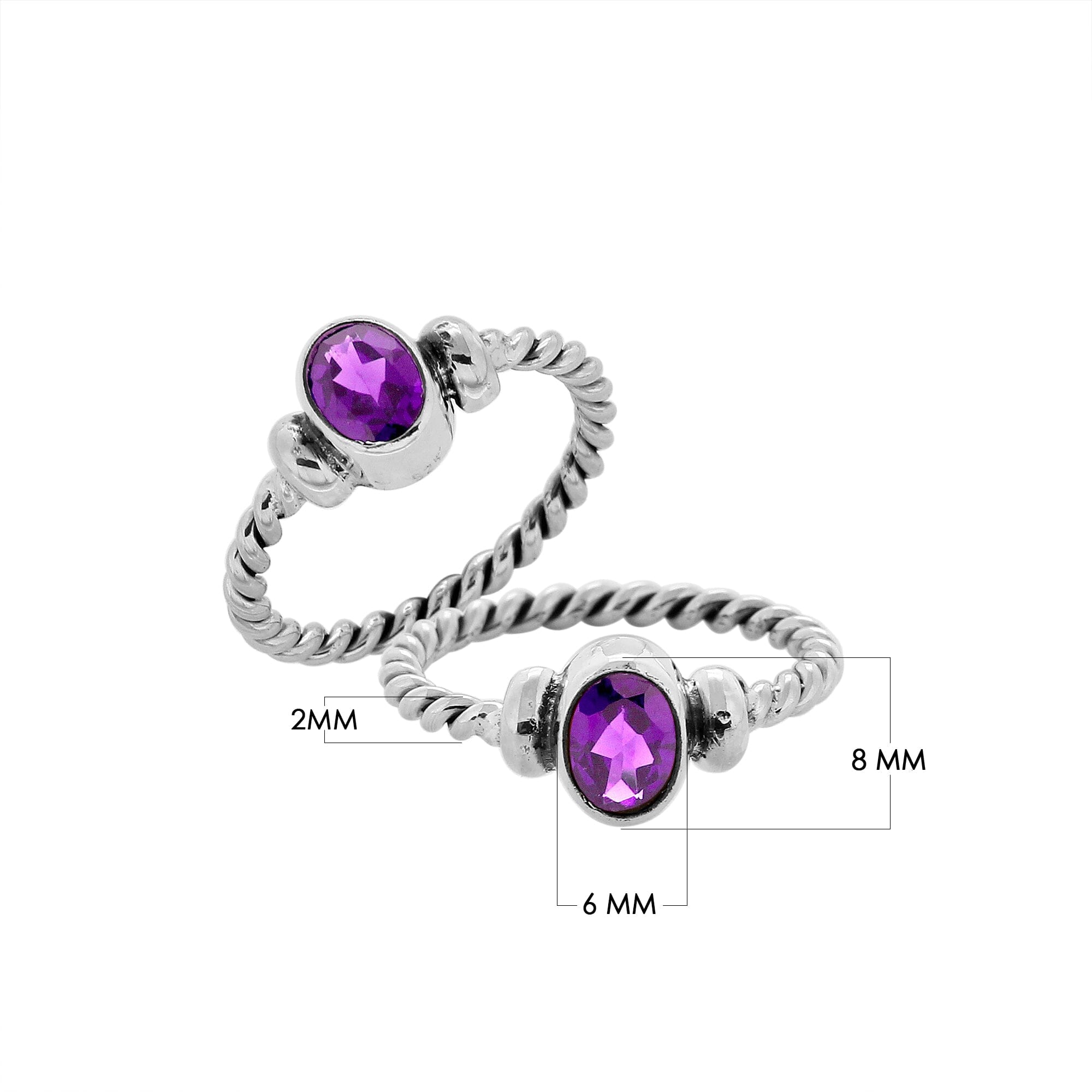 Sterling silver twisted band ring with oval faceted Amethyst Quartz, artisan handcrafted jewelry for women, elegant purple quartz accessory.