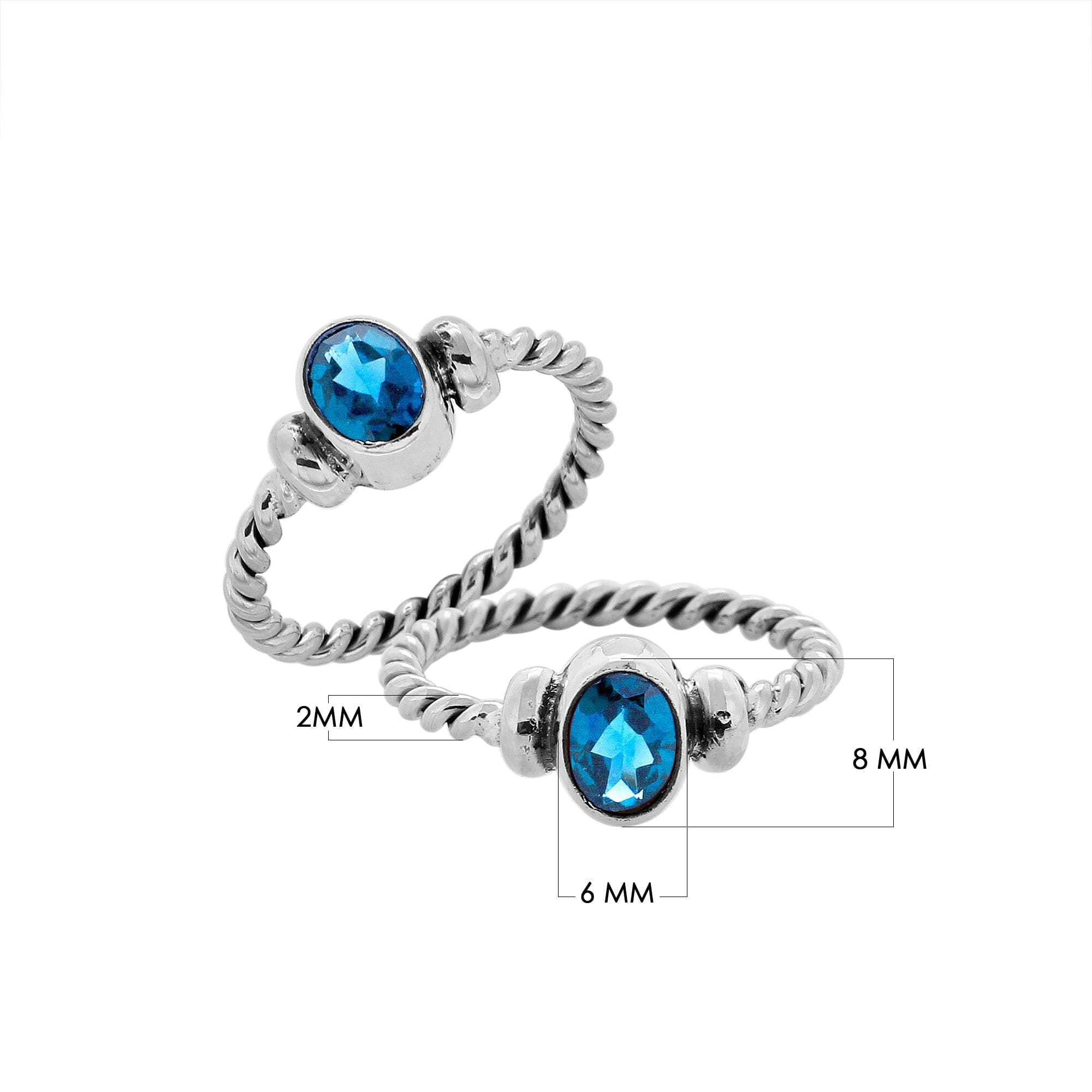 Sterling silver twisted band ring with oval faceted Blue Topaz Quartz, artisan handcrafted jewelry for women, elegant blue Quartz accessory.