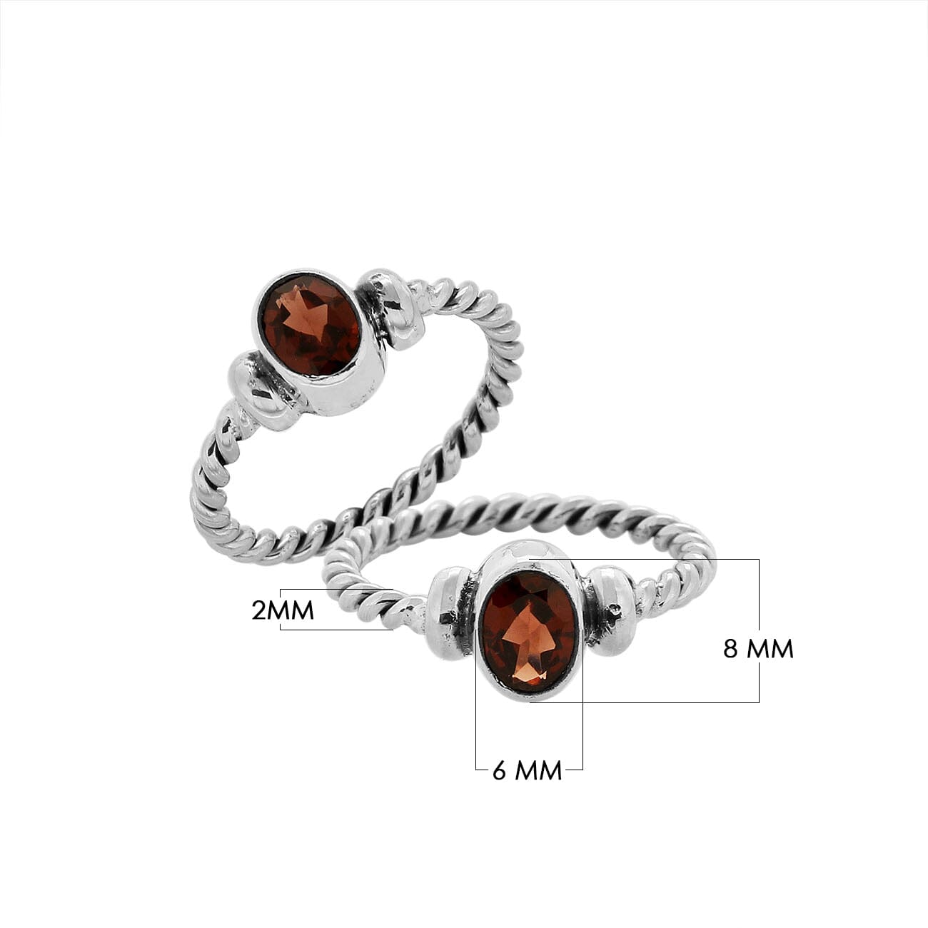 Sterling silver twisted band ring with oval faceted Garnet Quartz, artisan handcrafted jewelry for women, elegant red Quartz accessory.