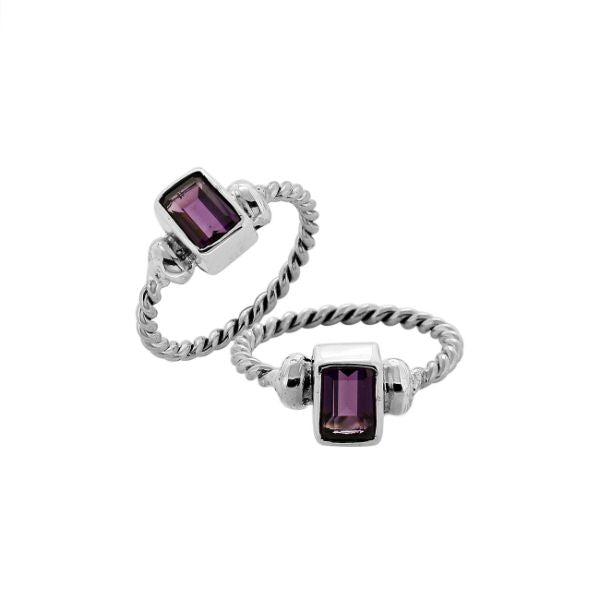 Sterling silver rope band ring with rectangular purple Amethyst Quartz– elegant artisan-inspired jewelry for women.