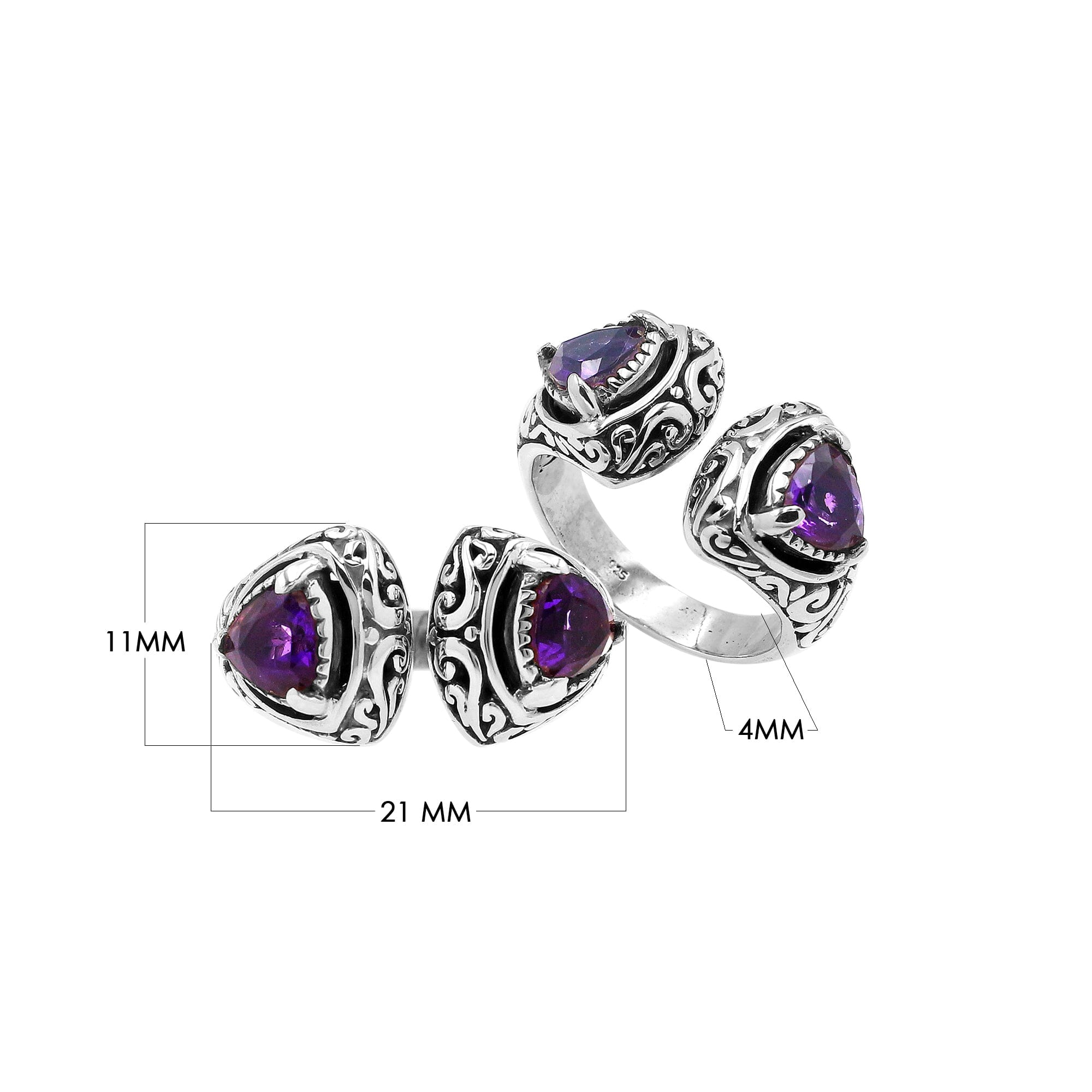 Sterling silver Bali scrollwork ring with trillion-cut purple Amethyst Quartz – artisan handcrafted statement jewelry for women.