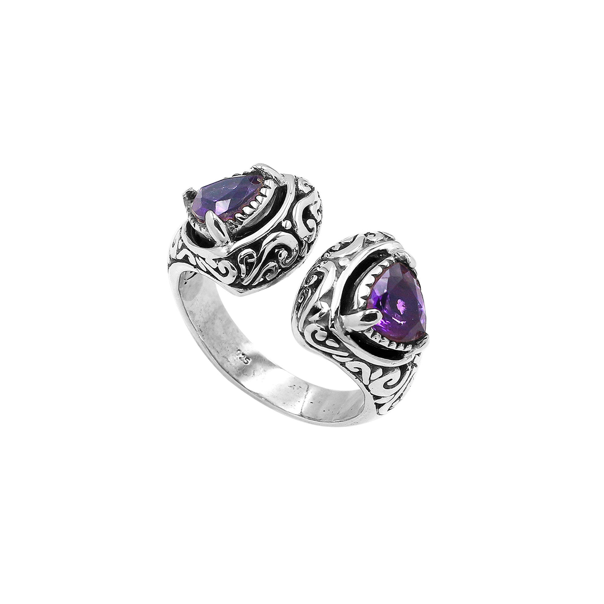 Sterling silver Bali scrollwork ring with trillion-cut purple Amethyst Quartz – artisan handcrafted statement jewelry for women.