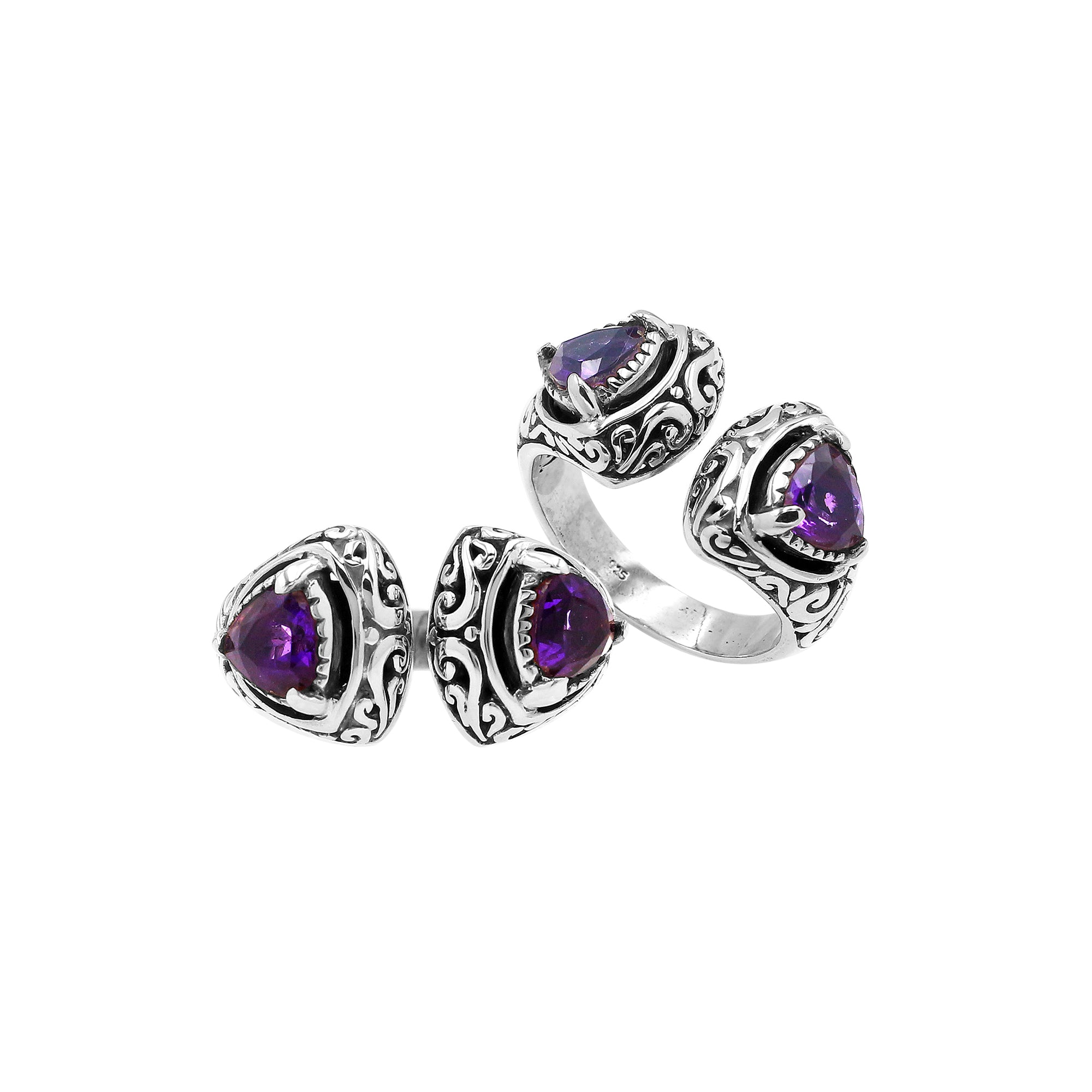 Sterling silver Bali scrollwork ring with trillion-cut purple Amethyst Quartz – artisan handcrafted statement jewelry for women.