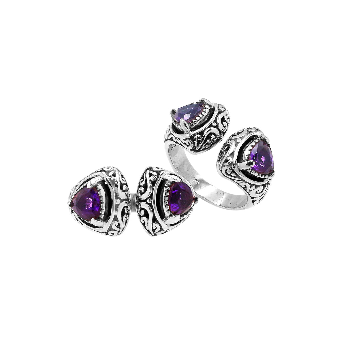 Sterling silver Bali scrollwork ring with trillion-cut purple Amethyst Quartz – artisan handcrafted statement jewelry for women.