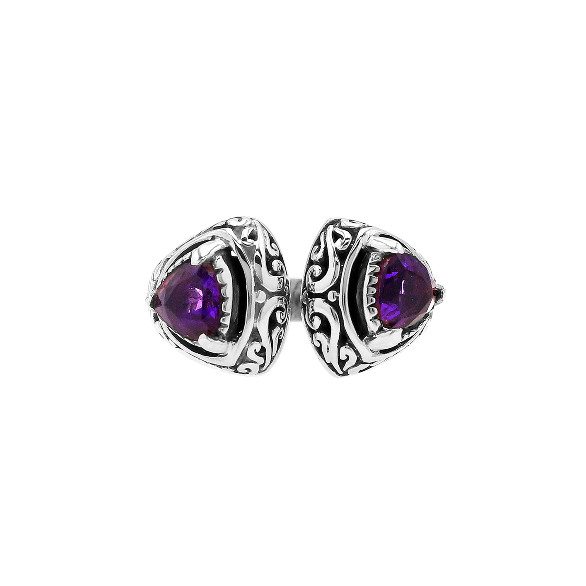 Sterling silver Bali scrollwork ring with trillion-cut purple Amethyst Quartz – artisan handcrafted statement jewelry for women.