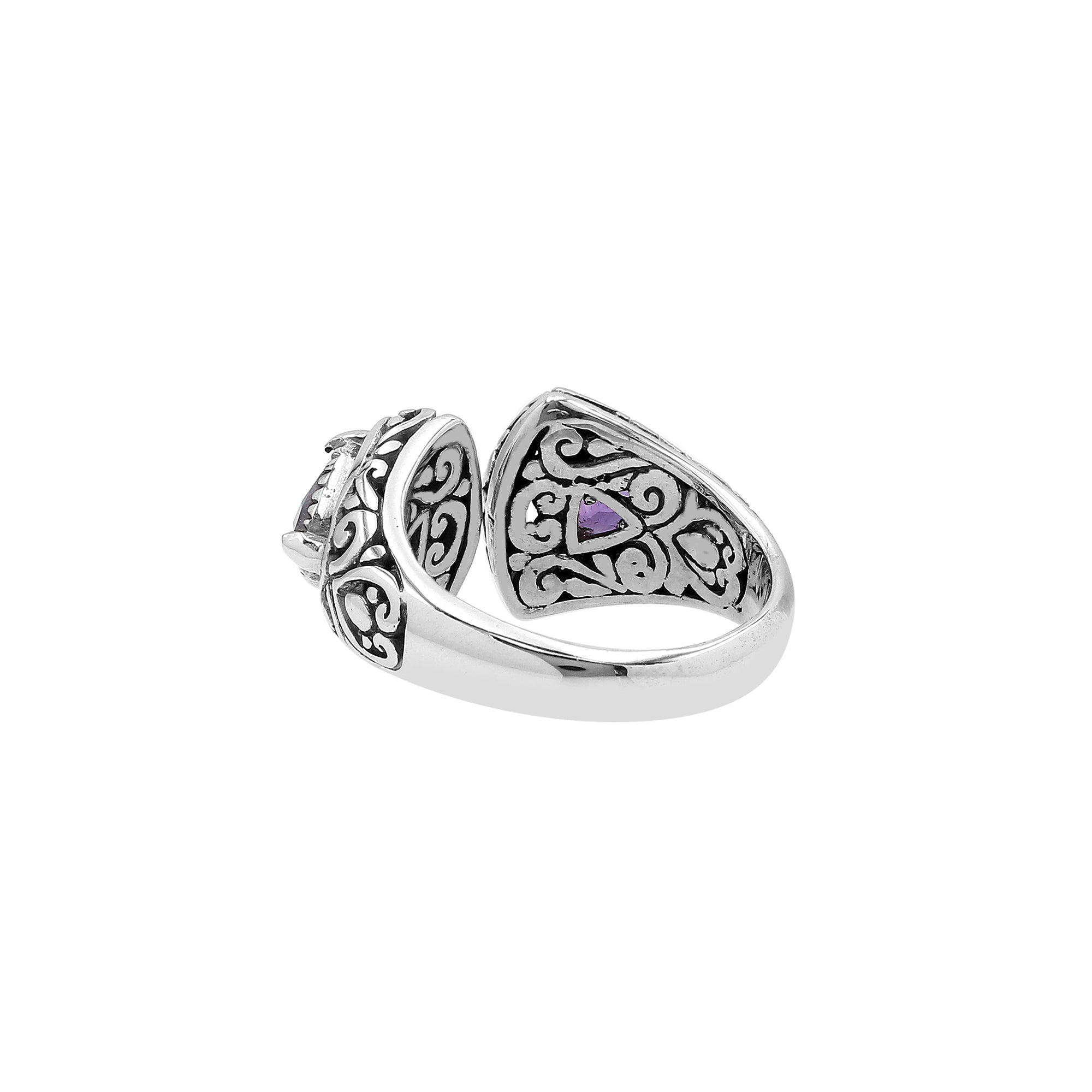 Sterling silver Bali scrollwork ring with trillion-cut purple Amethyst Quartz – artisan handcrafted statement jewelry for women.