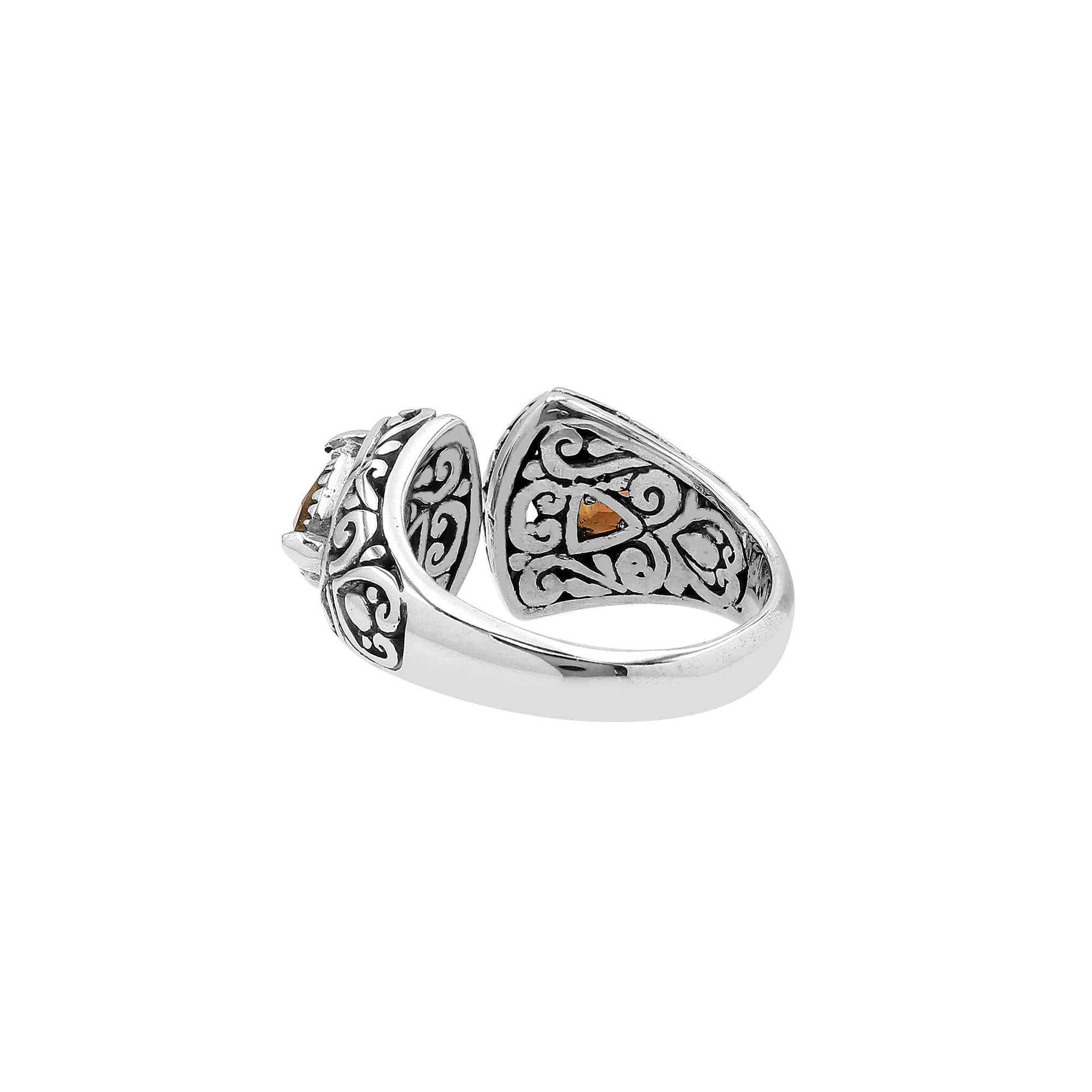 Sterling silver Bali scrollwork ring with trillion-cut golden Citrine Quartz– artisan handcrafted statement jewelry for women.
