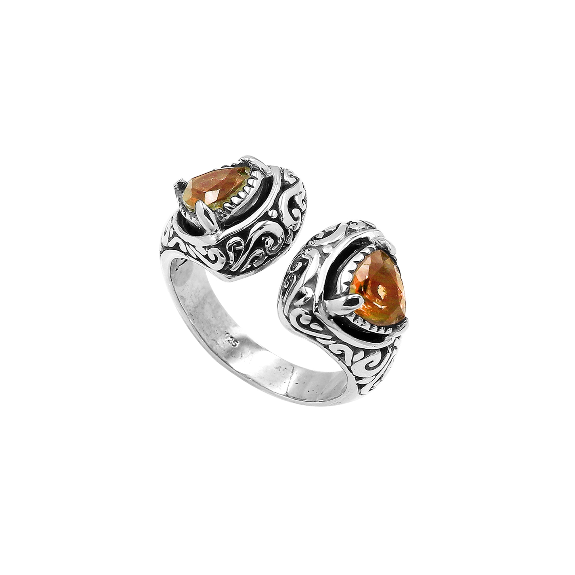 Sterling silver Bali scrollwork ring with trillion-cut golden Citrine Quartz– artisan handcrafted statement jewelry for women.