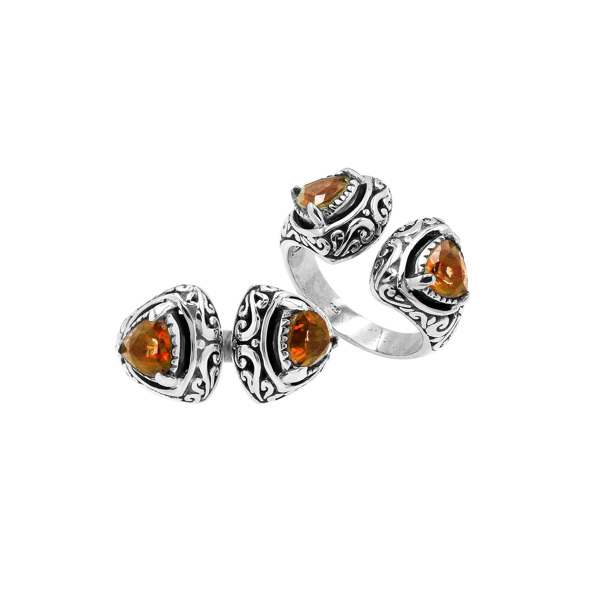 Sterling silver Bali scrollwork ring with trillion-cut golden Citrine Quartz– artisan handcrafted statement jewelry for women.