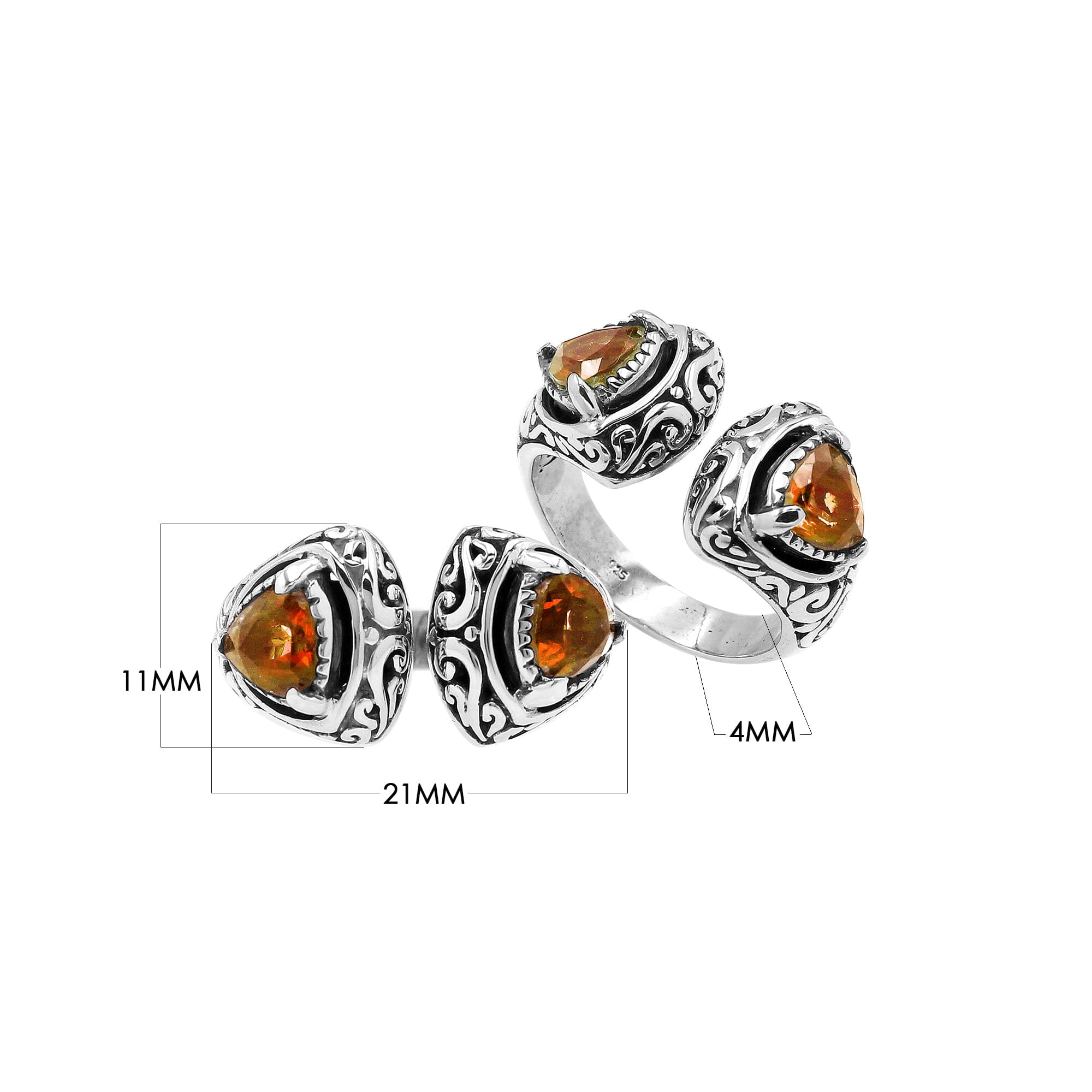Sterling silver Bali scrollwork ring with trillion-cut golden Citrine Quartz– artisan handcrafted statement jewelry for women. 