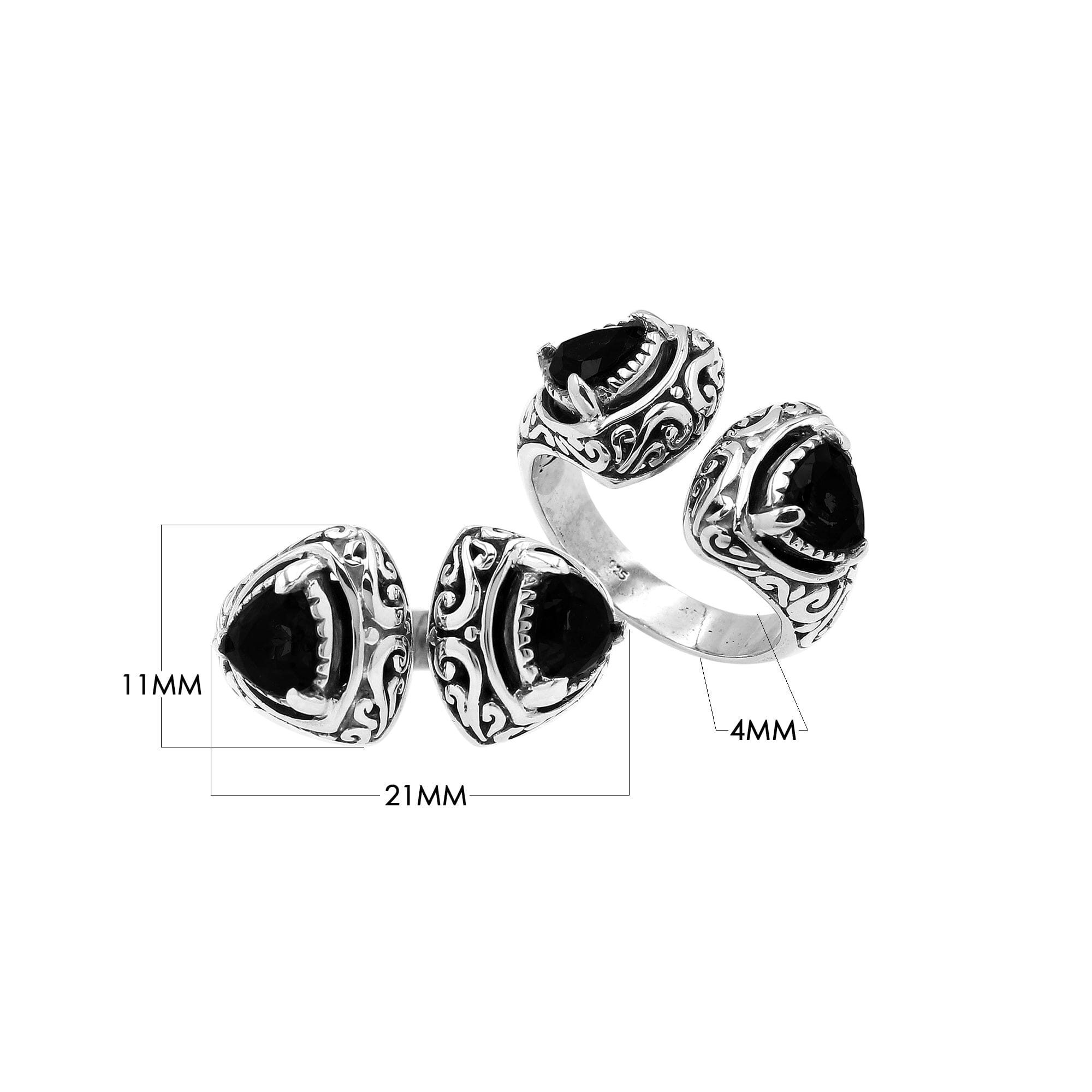 Sterling silver Bali scrollwork ring with trillion-cut Black Onyx Gemstone – artisan handcrafted statement jewelry for women.