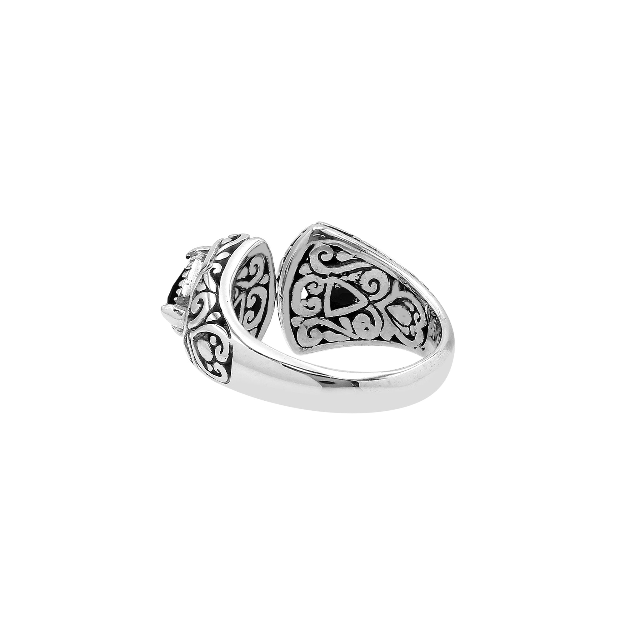 Sterling silver Bali scrollwork ring with trillion-cut Black Onyx Gemstone – artisan handcrafted statement jewelry for women.