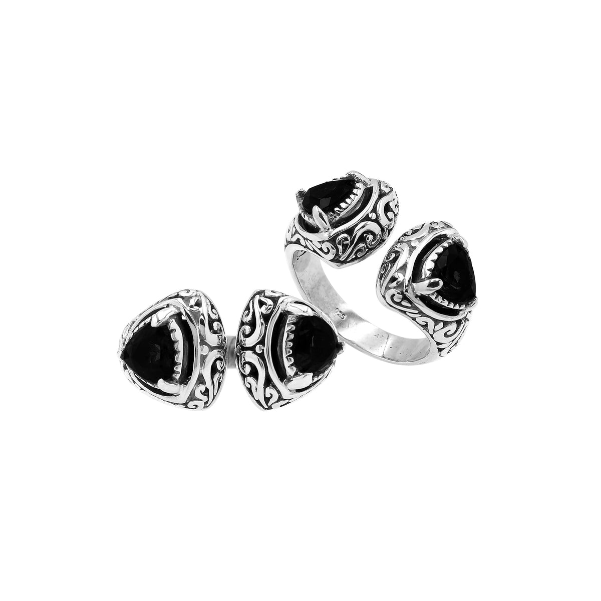 Sterling silver Bali scrollwork ring with trillion-cut Black Onyx Gemstone – artisan handcrafted statement jewelry for women.
