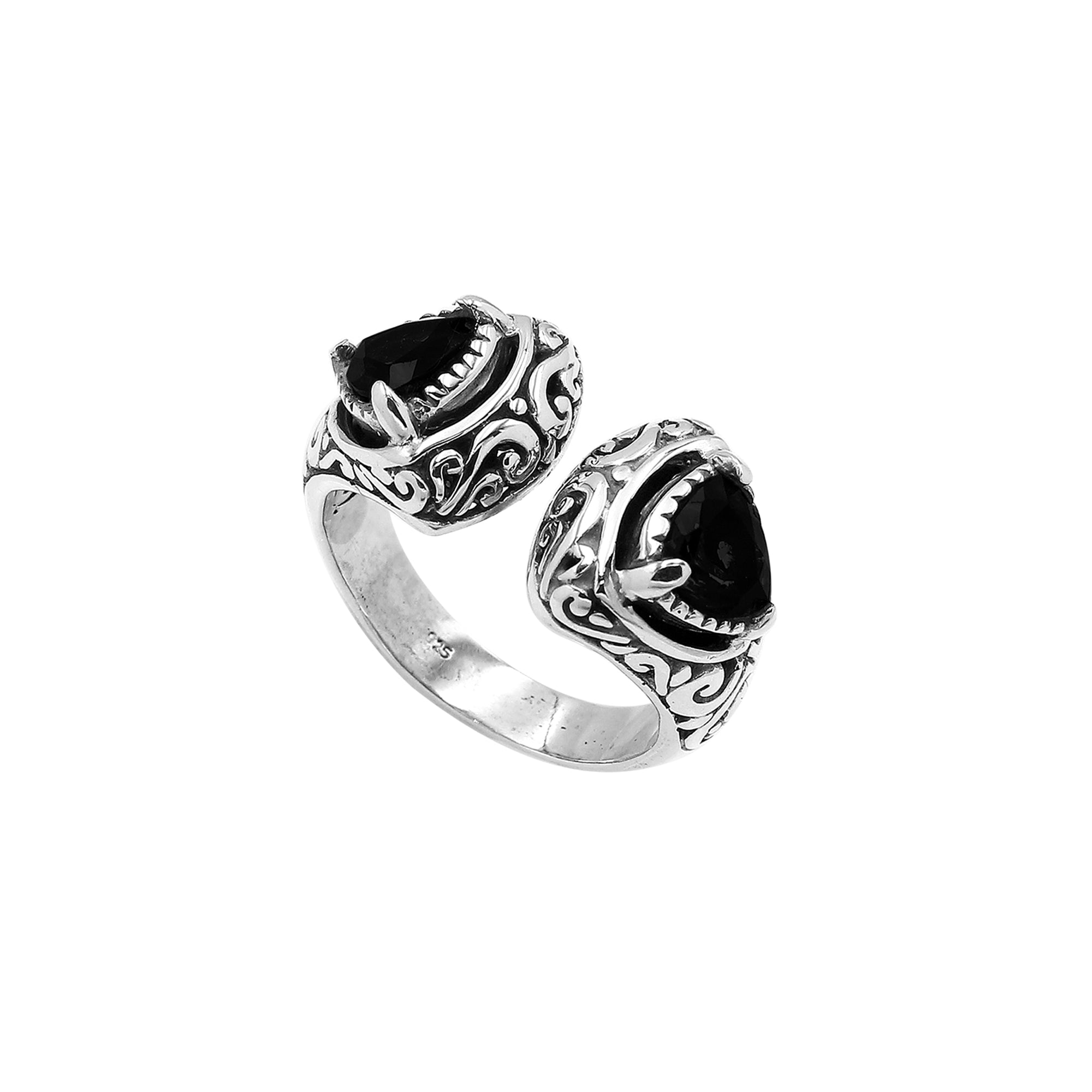 Sterling silver Bali scrollwork ring with trillion-cut Black Onyx Gemstone – artisan handcrafted statement jewelry for women.