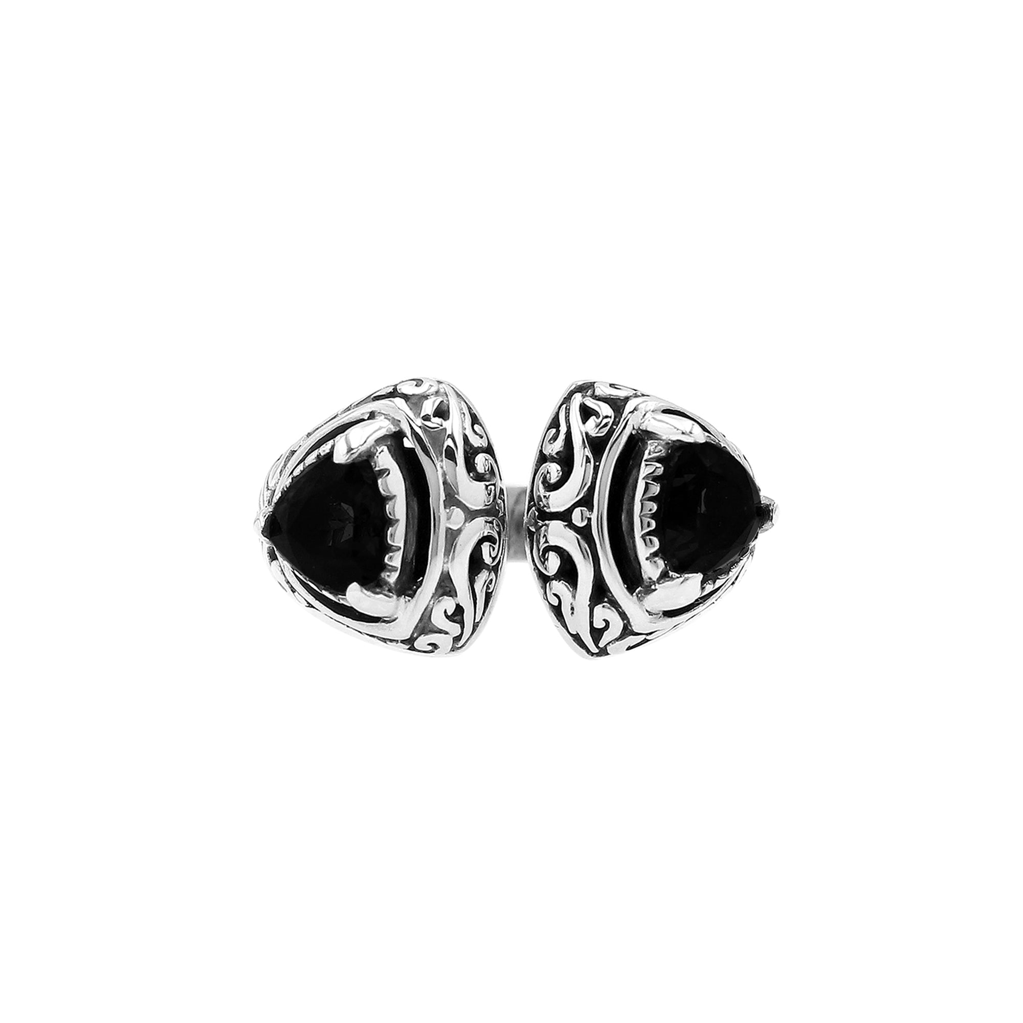 Sterling silver Bali scrollwork ring with trillion-cut Black Onyx Gemstone – artisan handcrafted statement jewelry for women.
