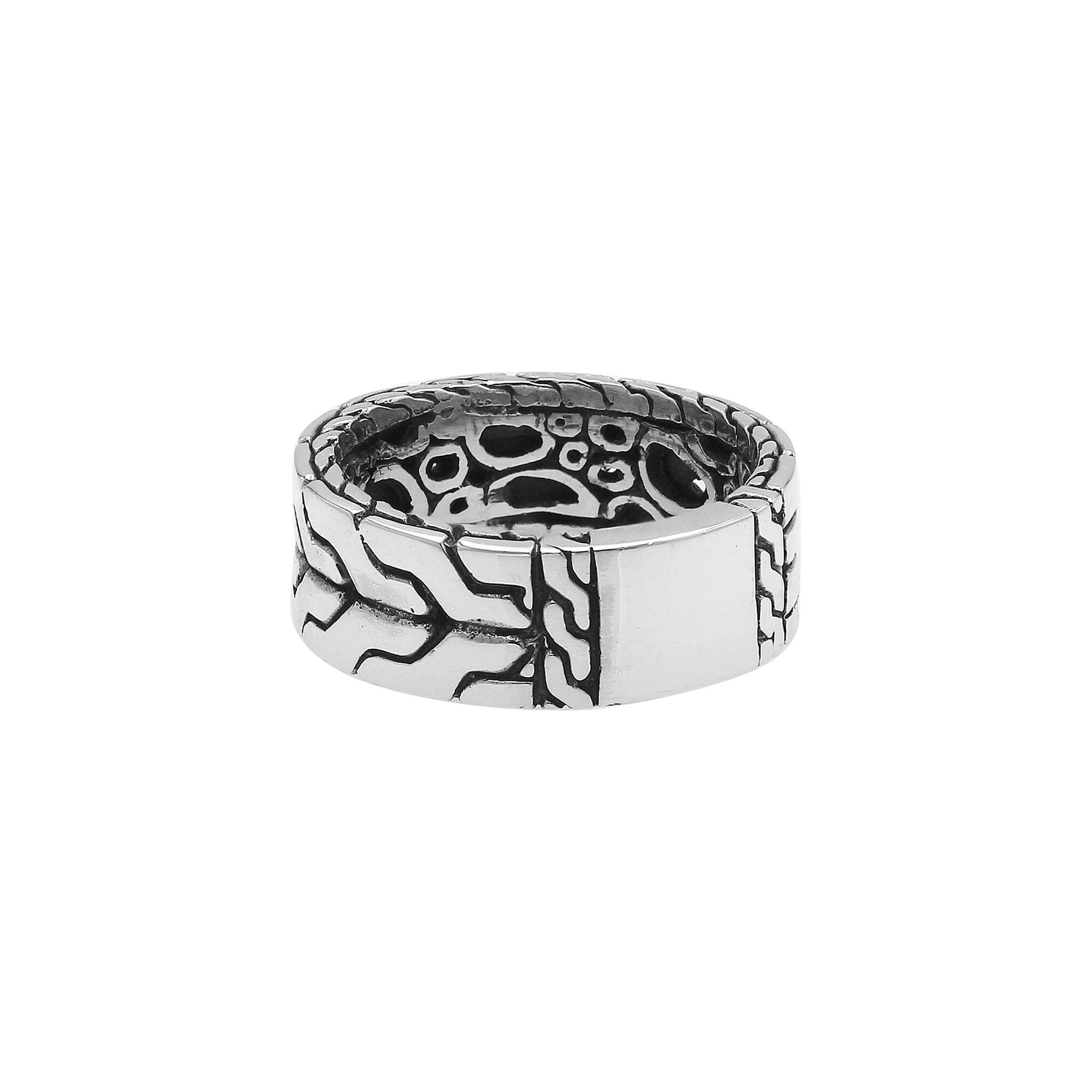Sterling silver wide band ring with geometric pattern and oxidized accents – unisex artisan statement jewelry.