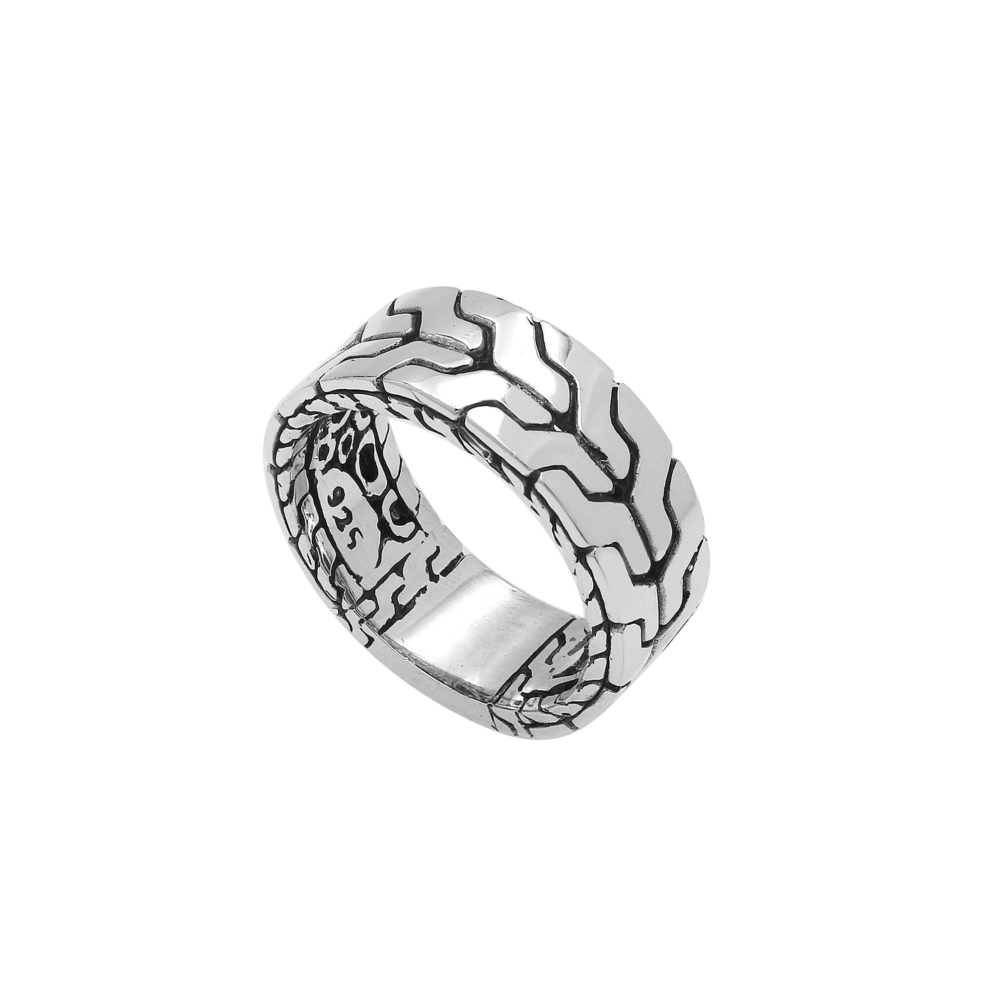 Sterling silver wide band ring with geometric pattern and oxidized accents – unisex artisan statement jewelry.