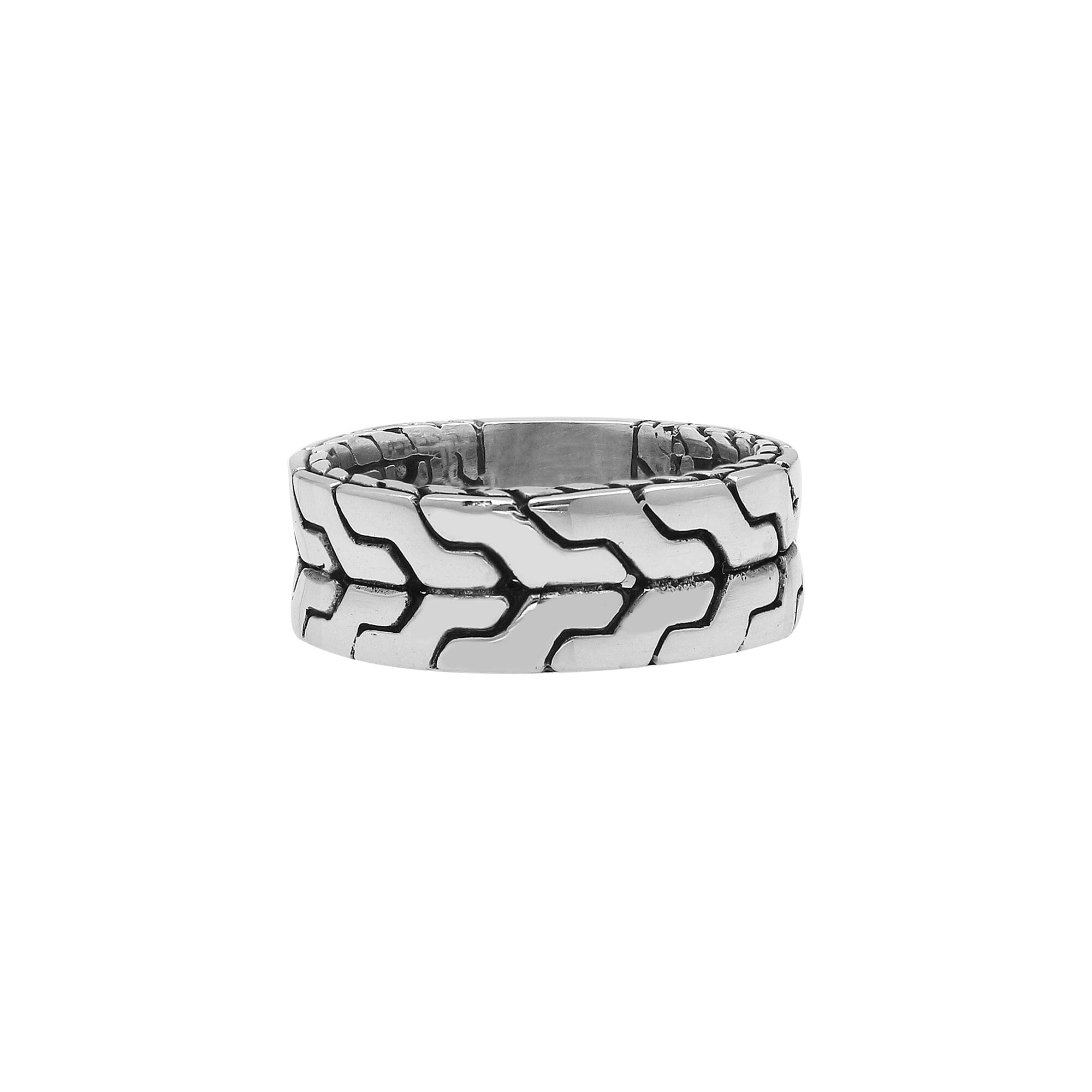 Sterling silver wide band ring with geometric pattern and oxidized accents – unisex artisan statement jewelry.